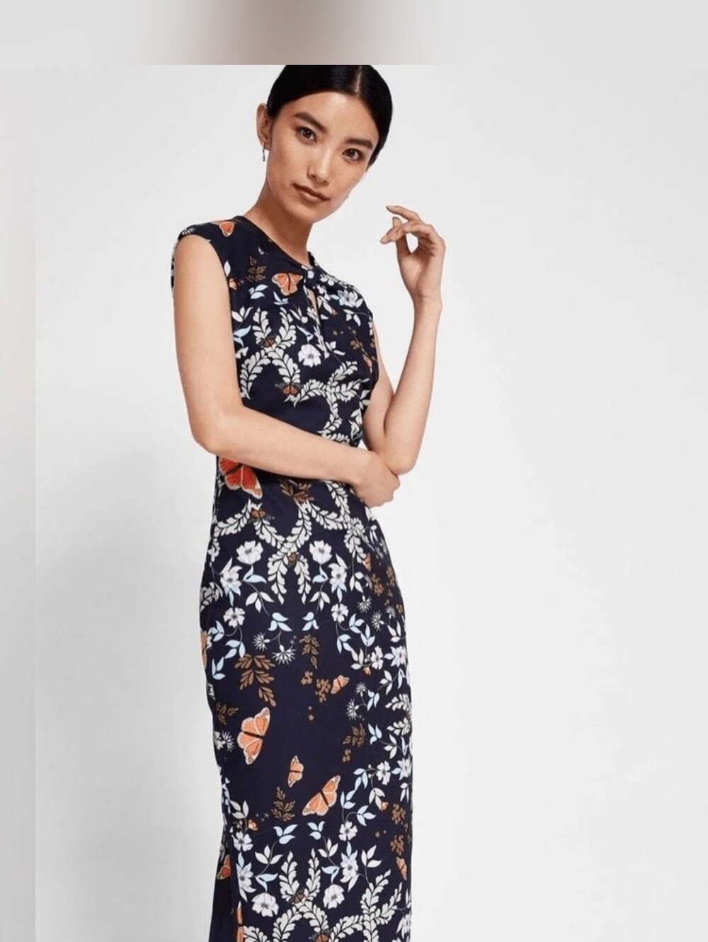 Ted Baker Navy Floral Maxi Dress with Orange Accents